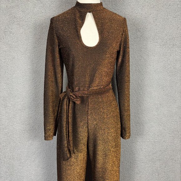 Metallic Gold Long Sleeve Belted Jumpsuit With Keyhole Detail Small Pre Owned -G - Picture 1 of 8